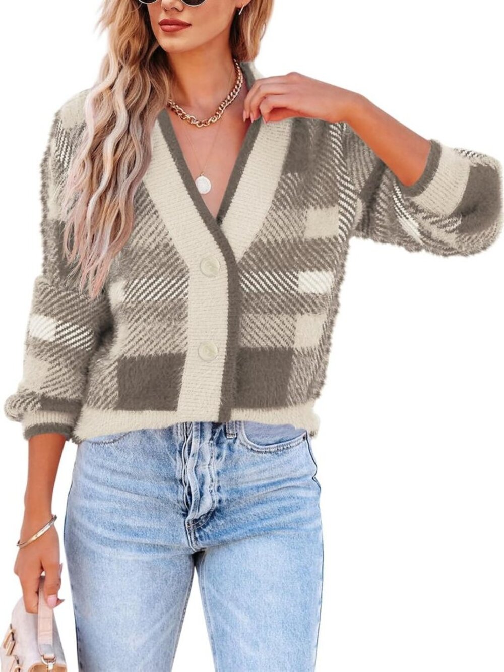 Cozy Plaid Fuzzy Knit Cardigan Sweater, V Neck, Button Down, Long Sleeve Top